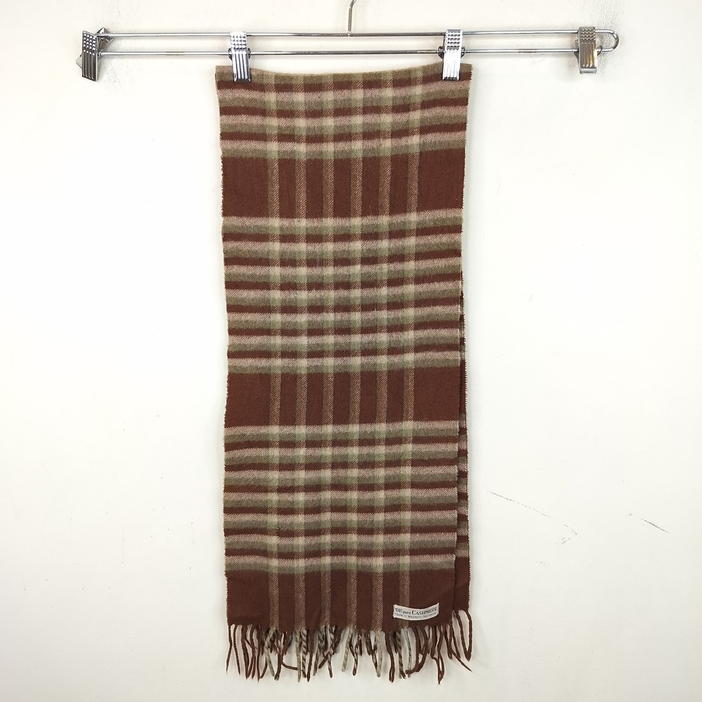 100% Cashmere Scarf Made in Germany Unisex Brown Plaid Fringed